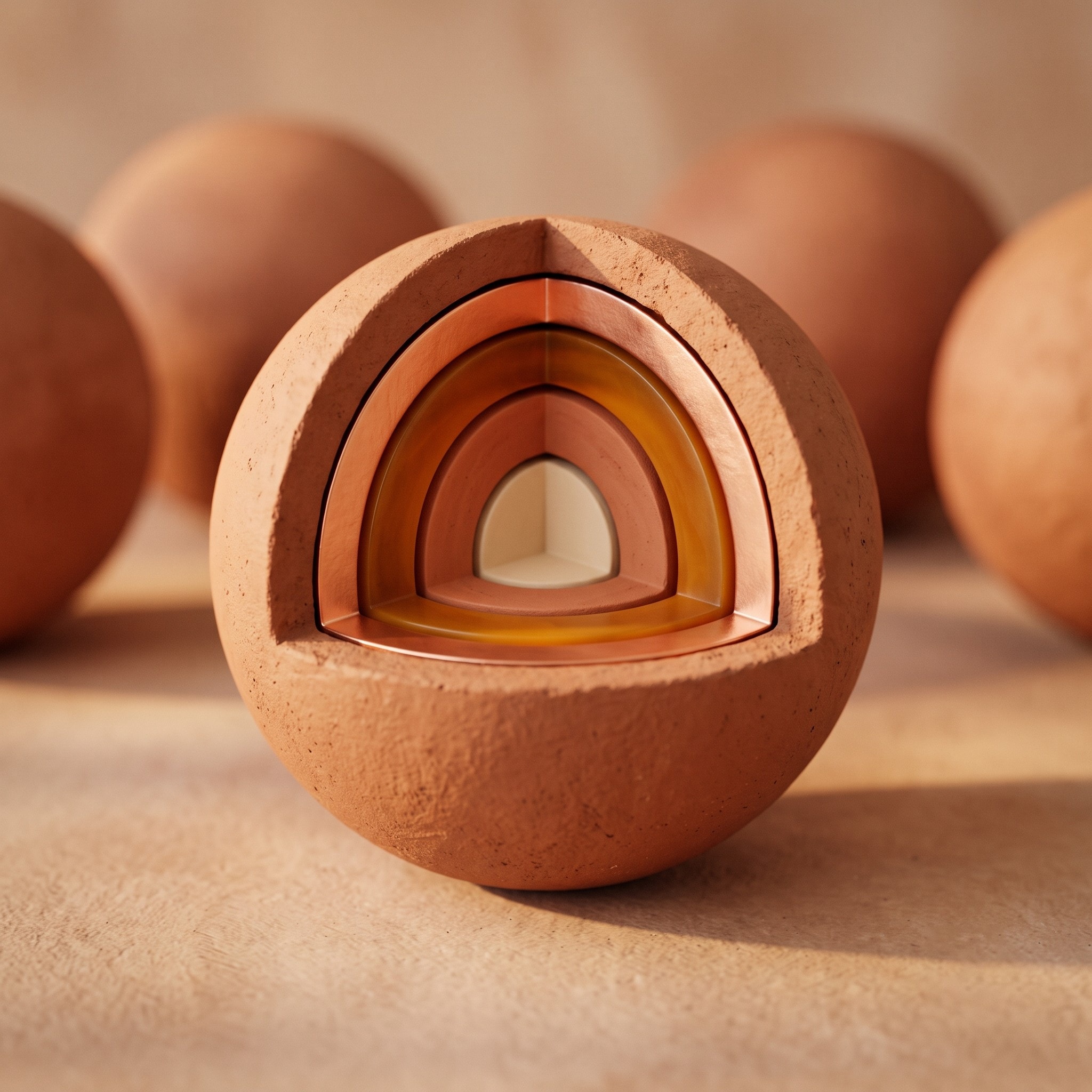 A cross-sectioned terracotta sphere revealing layered copper and amber rings