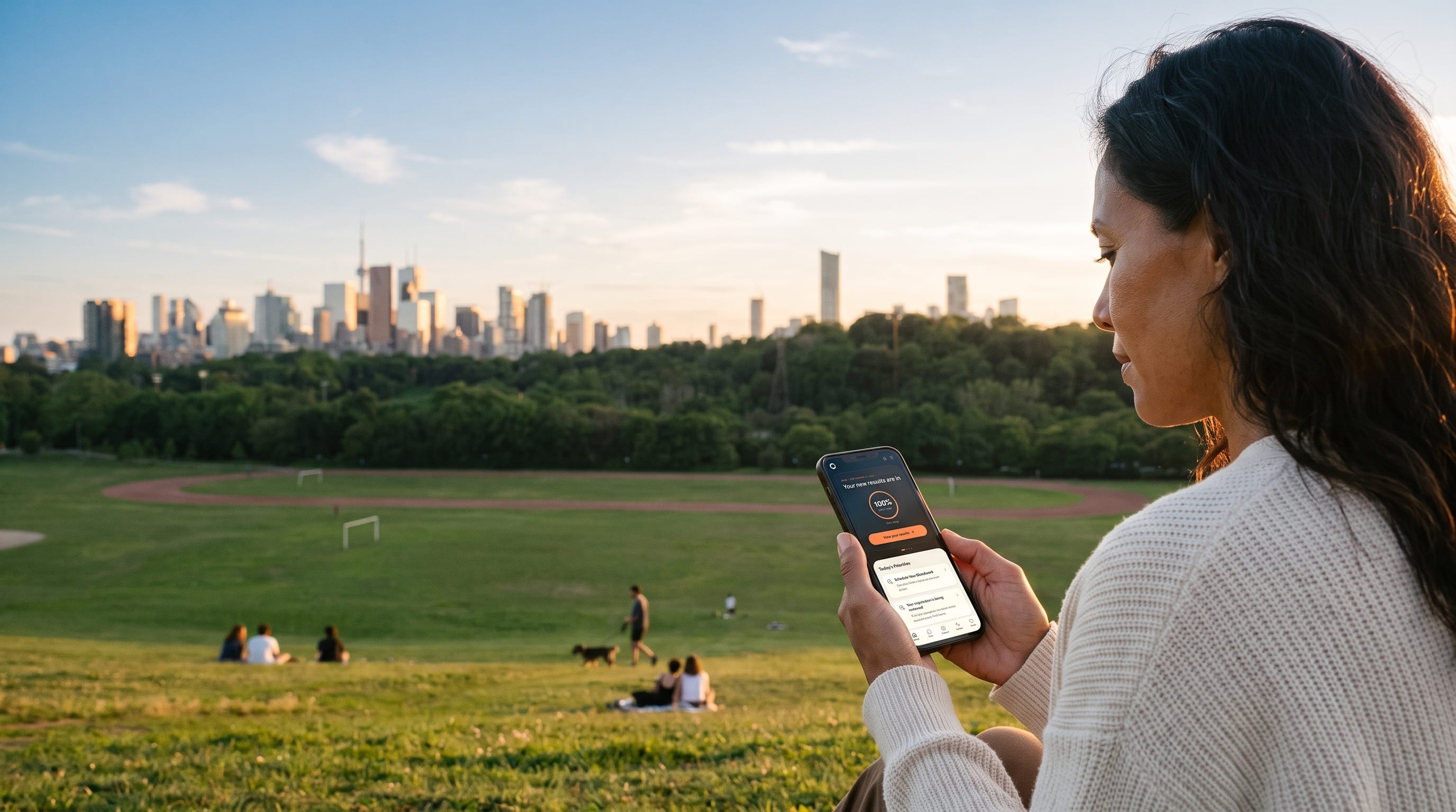 A woman sitting in a park overlooking the Toronto skyline at golden hour, checking her results on the Circle Health app