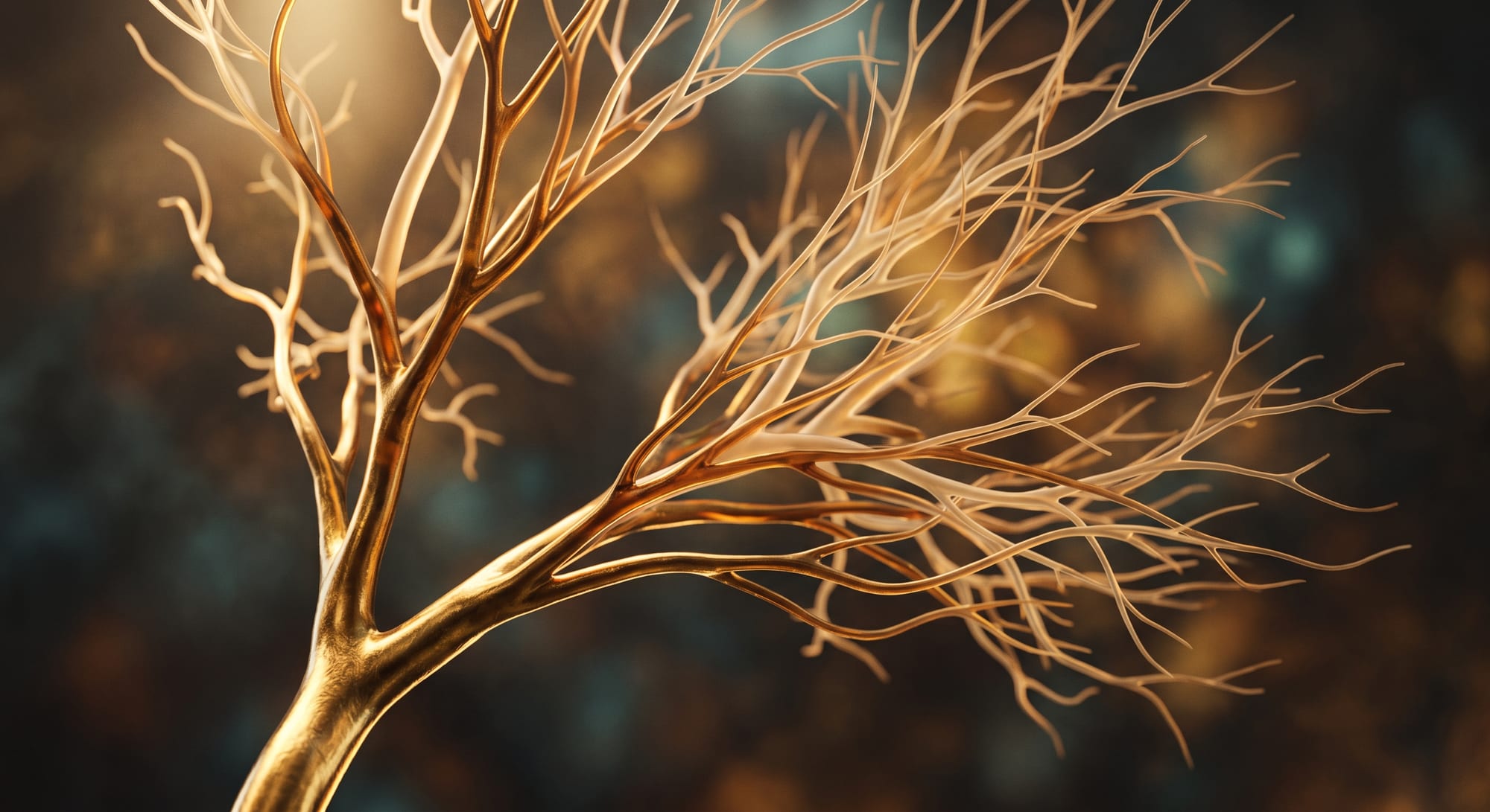 A golden, branching tree-like structure against a dark background